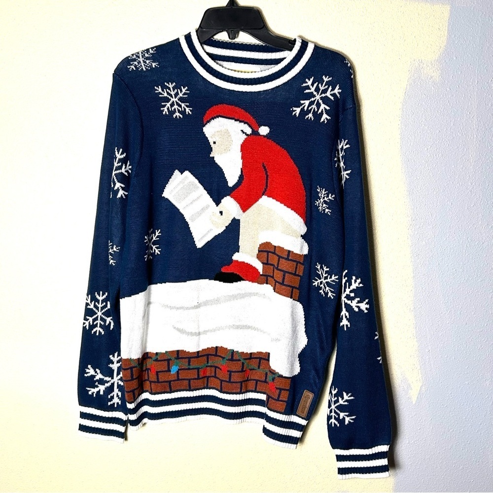 Tipsy Elves Mens M Santa's Log On The Fire Ugly Christmas Sweater Blue Holiday